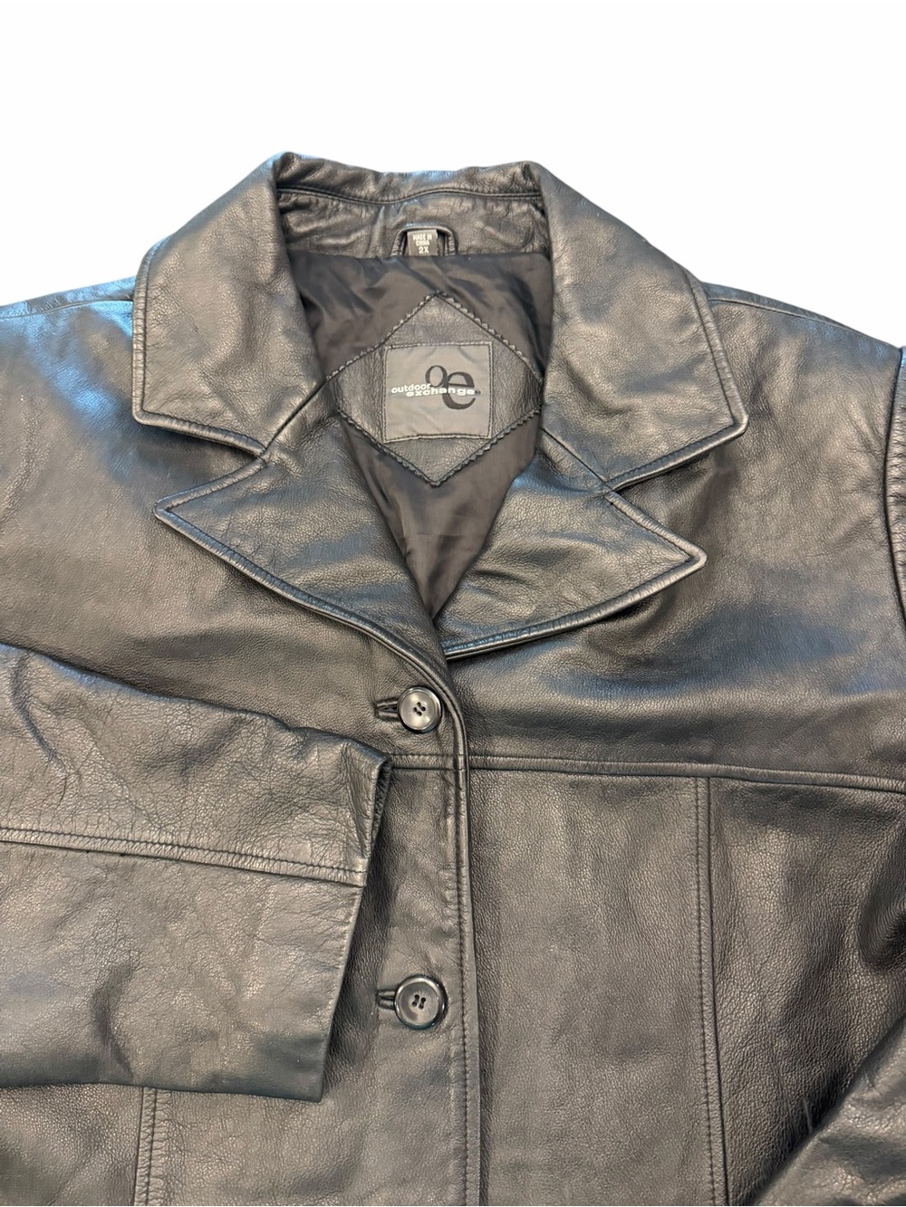 Mens OUTDOOR EXCHANGE Genuine Leather Coat Black 2X Button Up Jacket Pockets